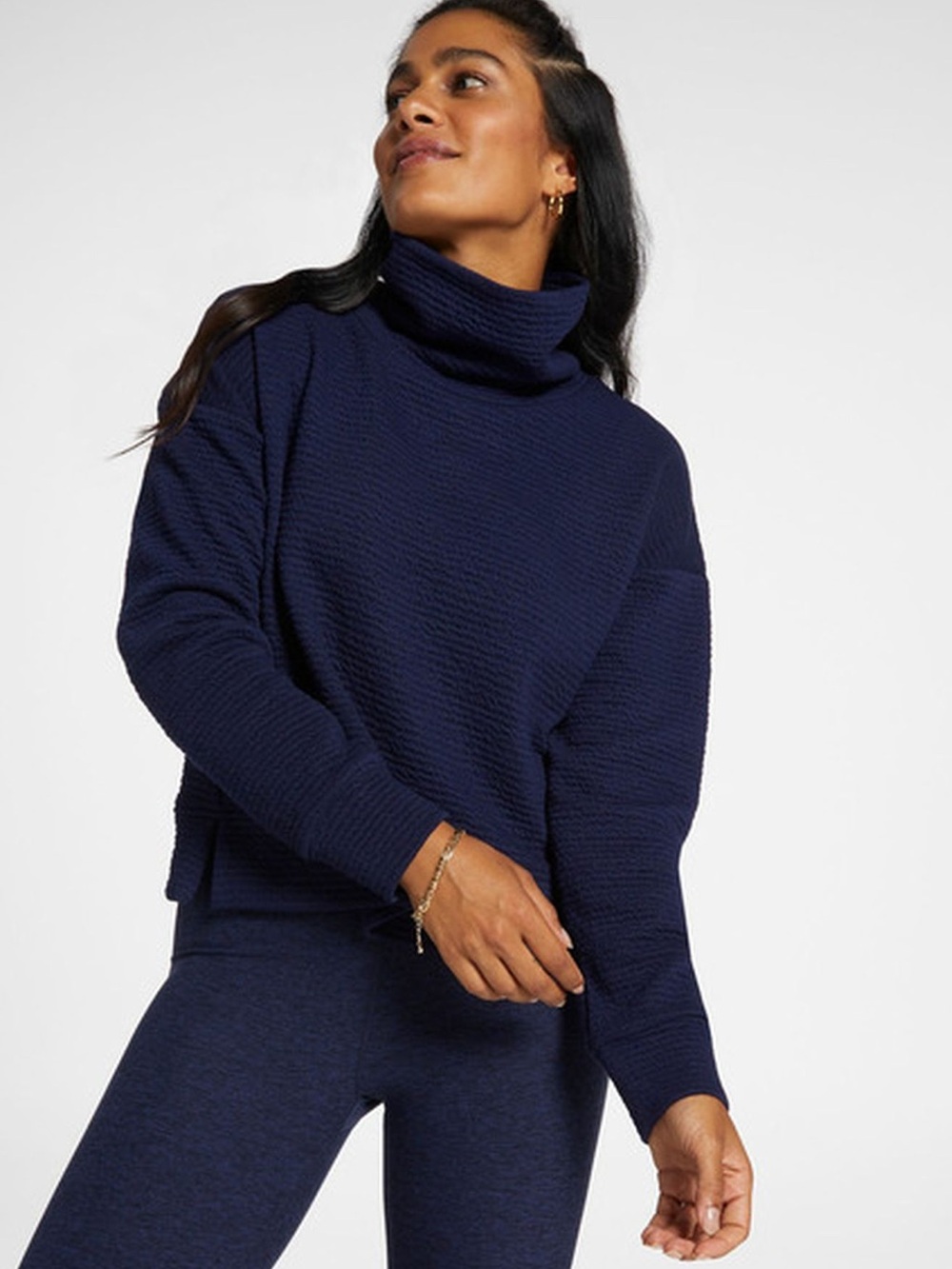 CALIA Lunar Jacquard Funnel Neck Sweater Size L Navy/Deep Blue Crop